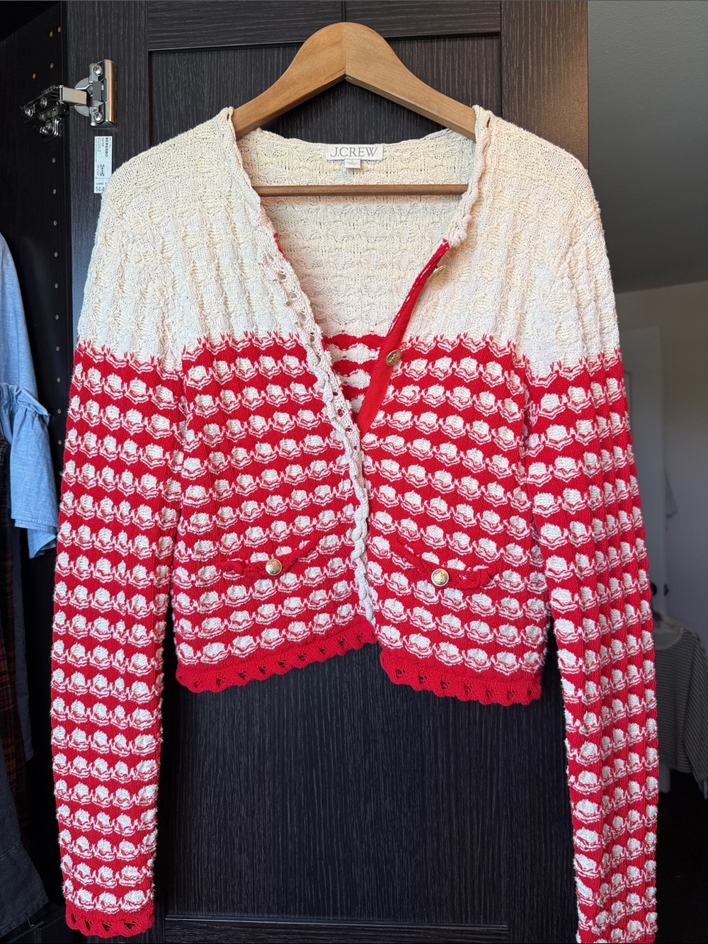 J. Crew Red and Cream Crochet Cardigan with Gold Buttons